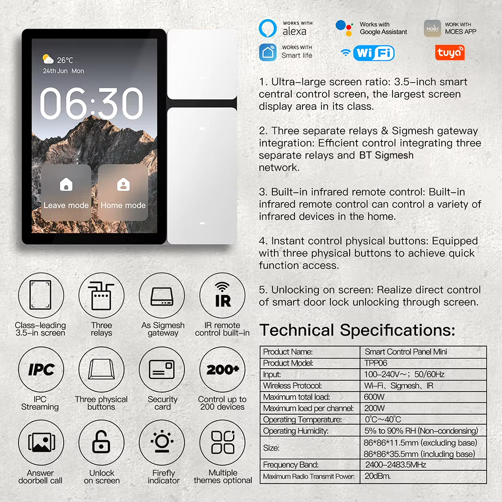 Wifi for Tuya- Multi-Functional Touch Screen Control Panel 3.5 Inch Central Controller IR Remote Control for Intelligent Scenes